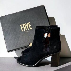 🌻NEW w/box Frye Amy Side Ghillie Black Suede Peep Toe Ankle Boots Size 9